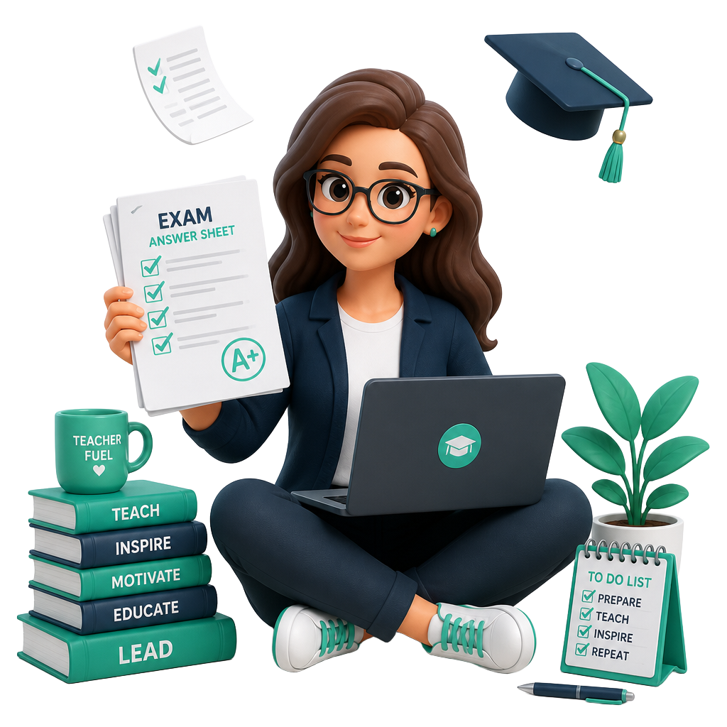Illustration of a teacher evaluating exam papers with a laptop